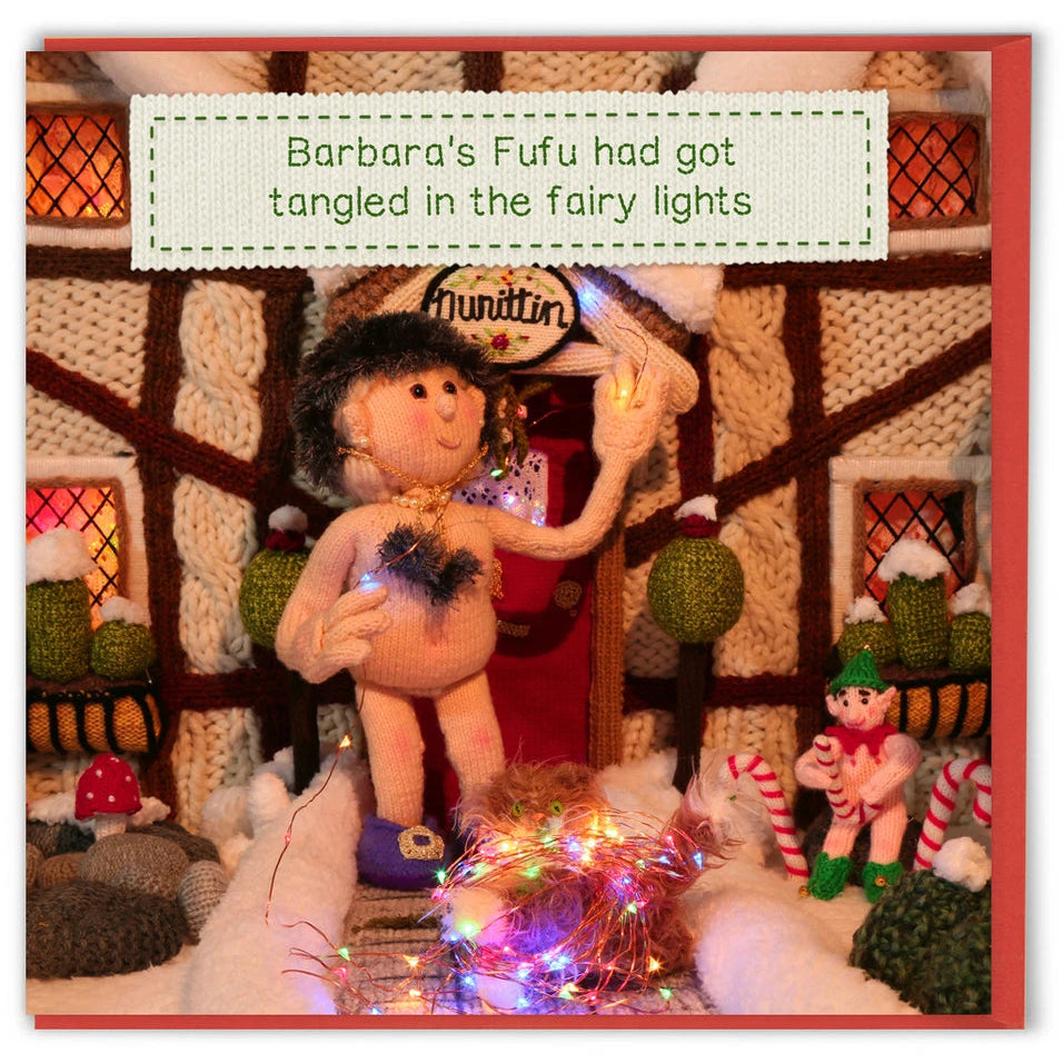 Christmas Card - Barbara's Fufu had got tangled in the fairy lights.